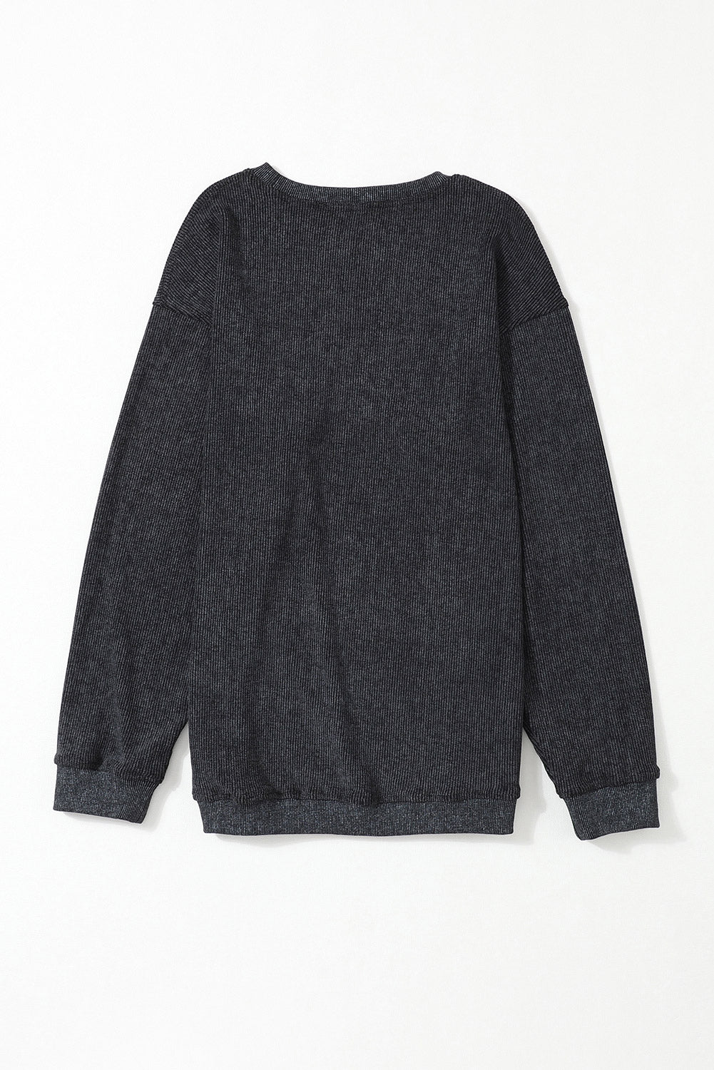 Black Solid Ribbed Knit Round Neck Pullover Sweatshirt