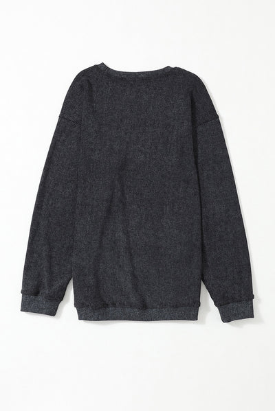 Black Solid Ribbed Knit Round Neck Pullover Sweatshirt