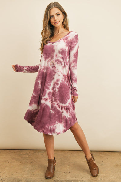 Tie Dye V-Neck Rounded Hem Midi Dress