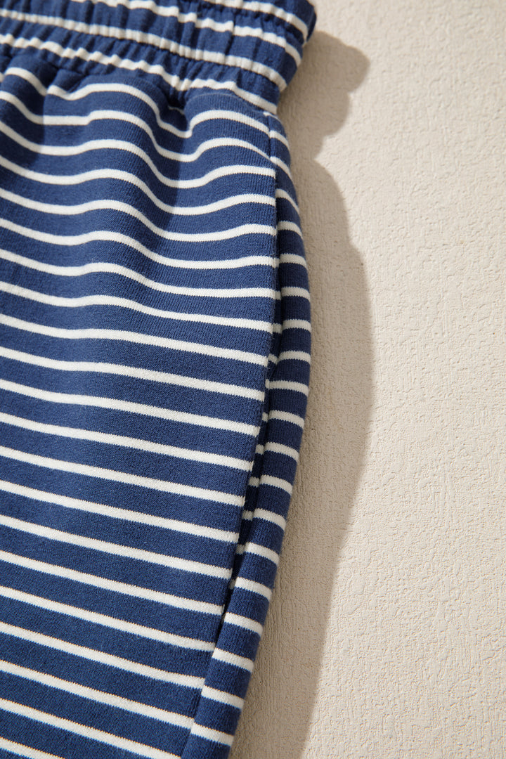 Blue Stripe Ribbed Patchwork Mock Neck Baggy Pullover Matching Shorts Set