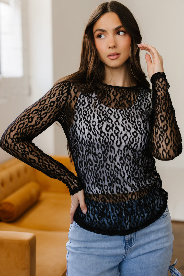 Black Leopard Pattern Sheer Mesh Long Sleeve Top