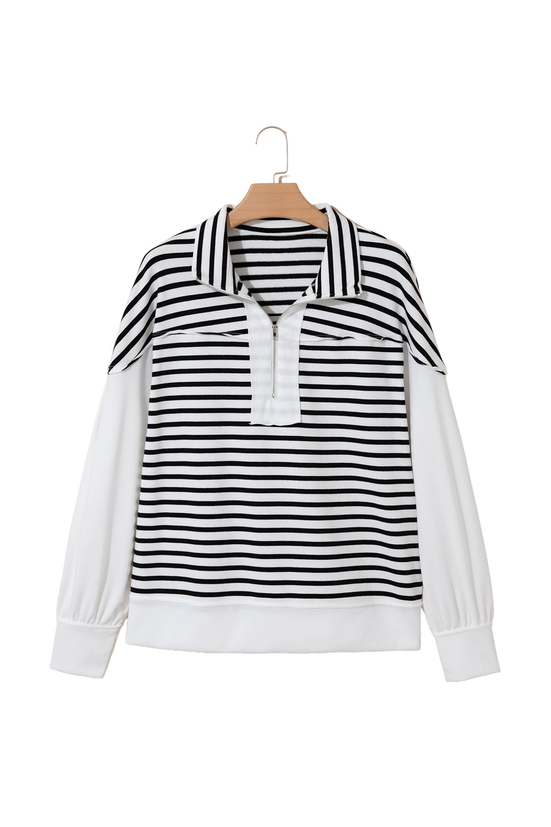 White Stripe Color Block Long Puff Sleeve Metal Zip-Up Collar Top