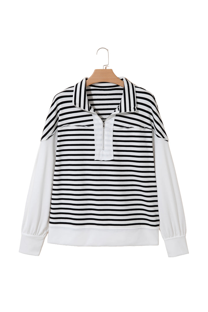 White Stripe Color Block Long Puff Sleeve Metal Zip-Up Collar Top