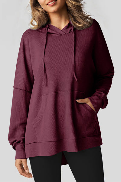 Red Dahlia Waffle Knit Fleece Lined High Low Oversized Hoodie