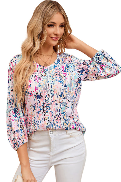 Blue Floral Print Puffy Sleeve Loose Blouse