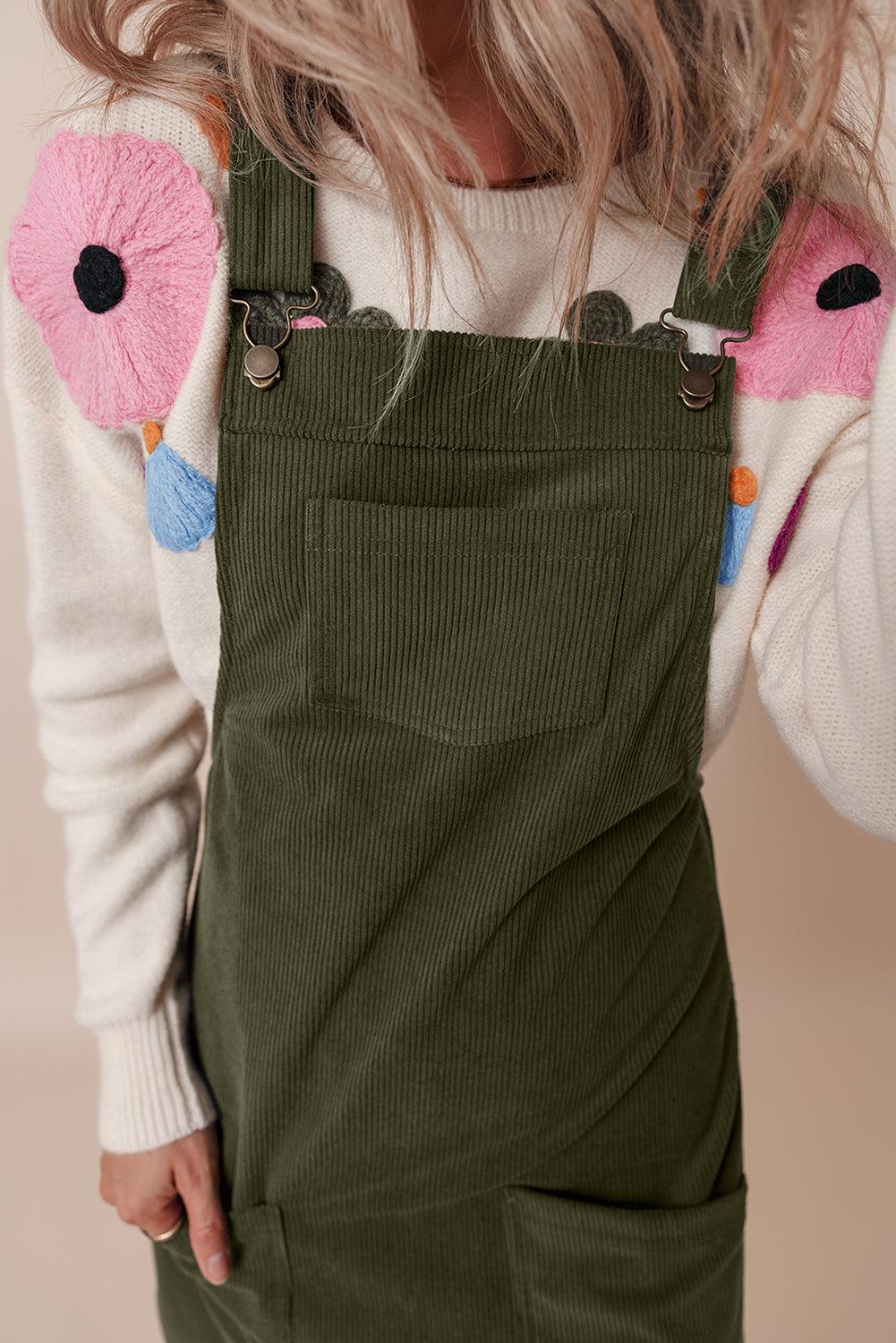 Vineyard Green Solid Front Pockets Sleeveless Corduroy Overall Dress