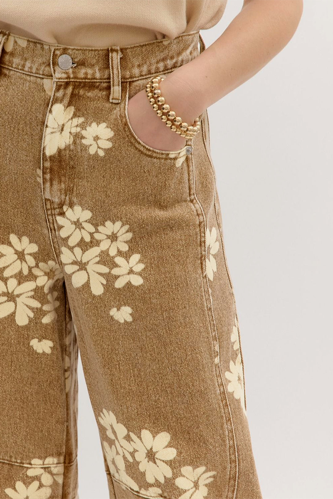 Khaki Floral Print Metal Button Pleated Straight Leg Jeans