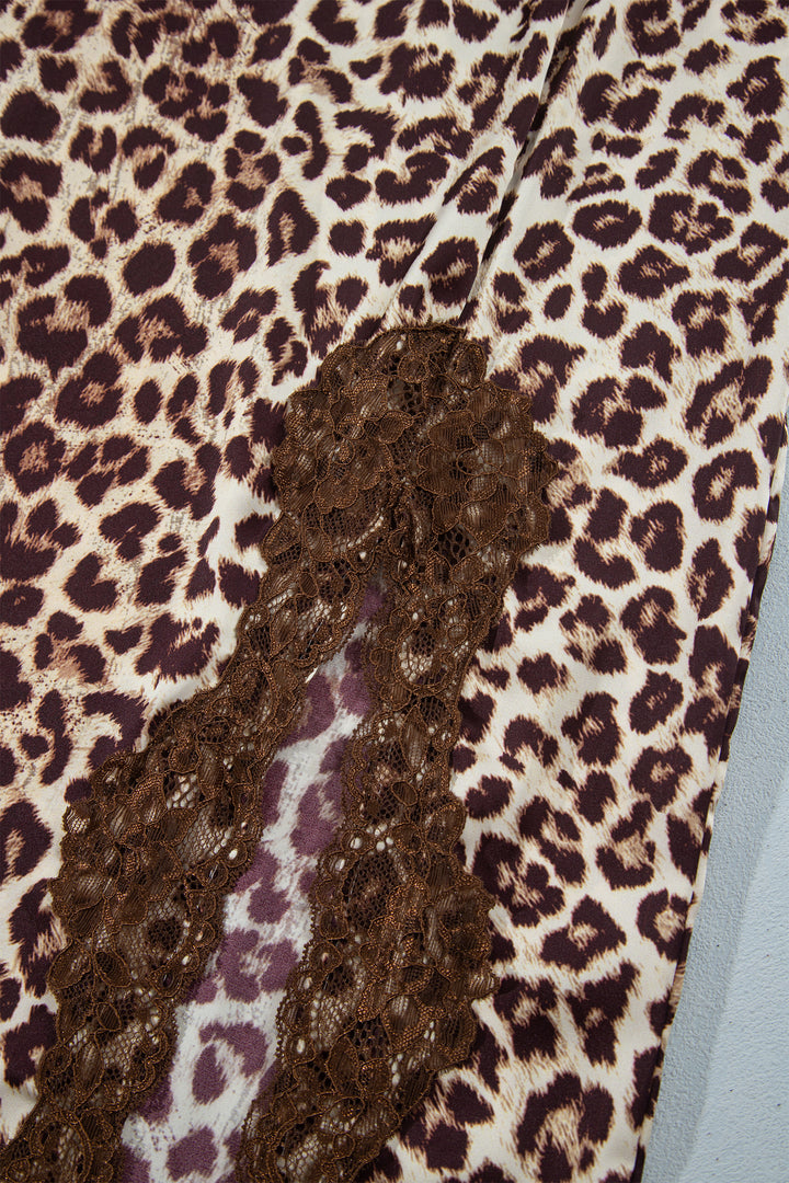 Brown Cheetah Print Trim Split Long Western Skirt