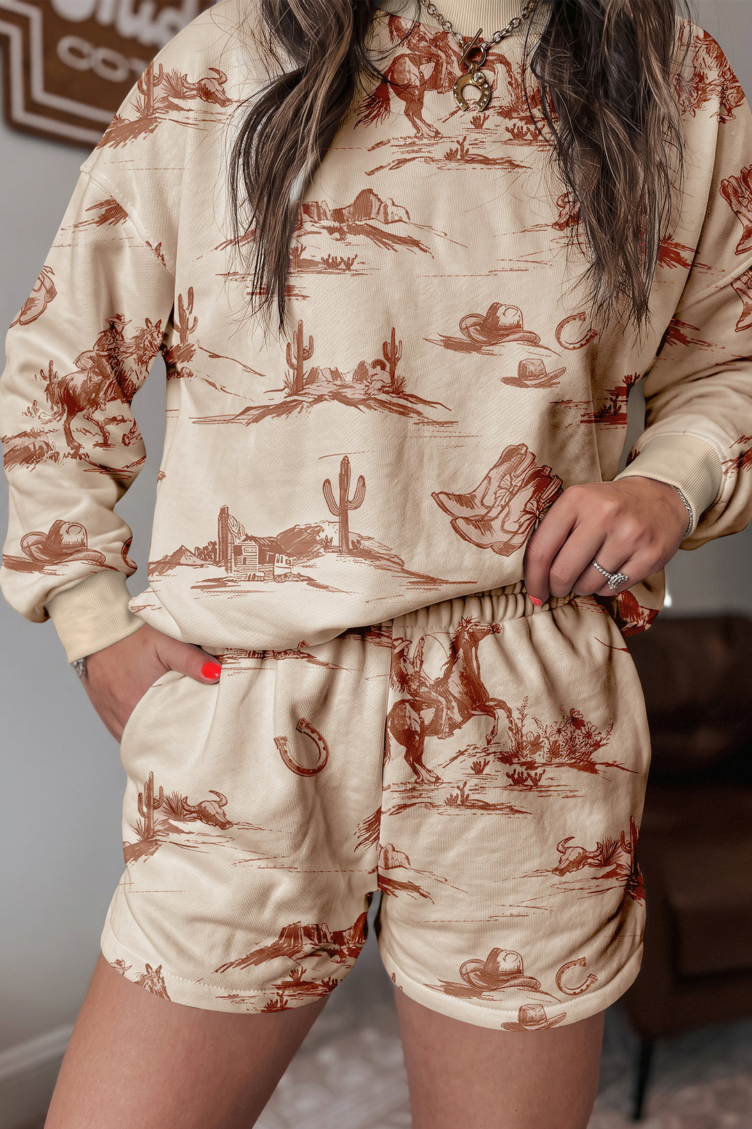 Beige Western Print Loose Fit Long Sleeve Top Short Set
