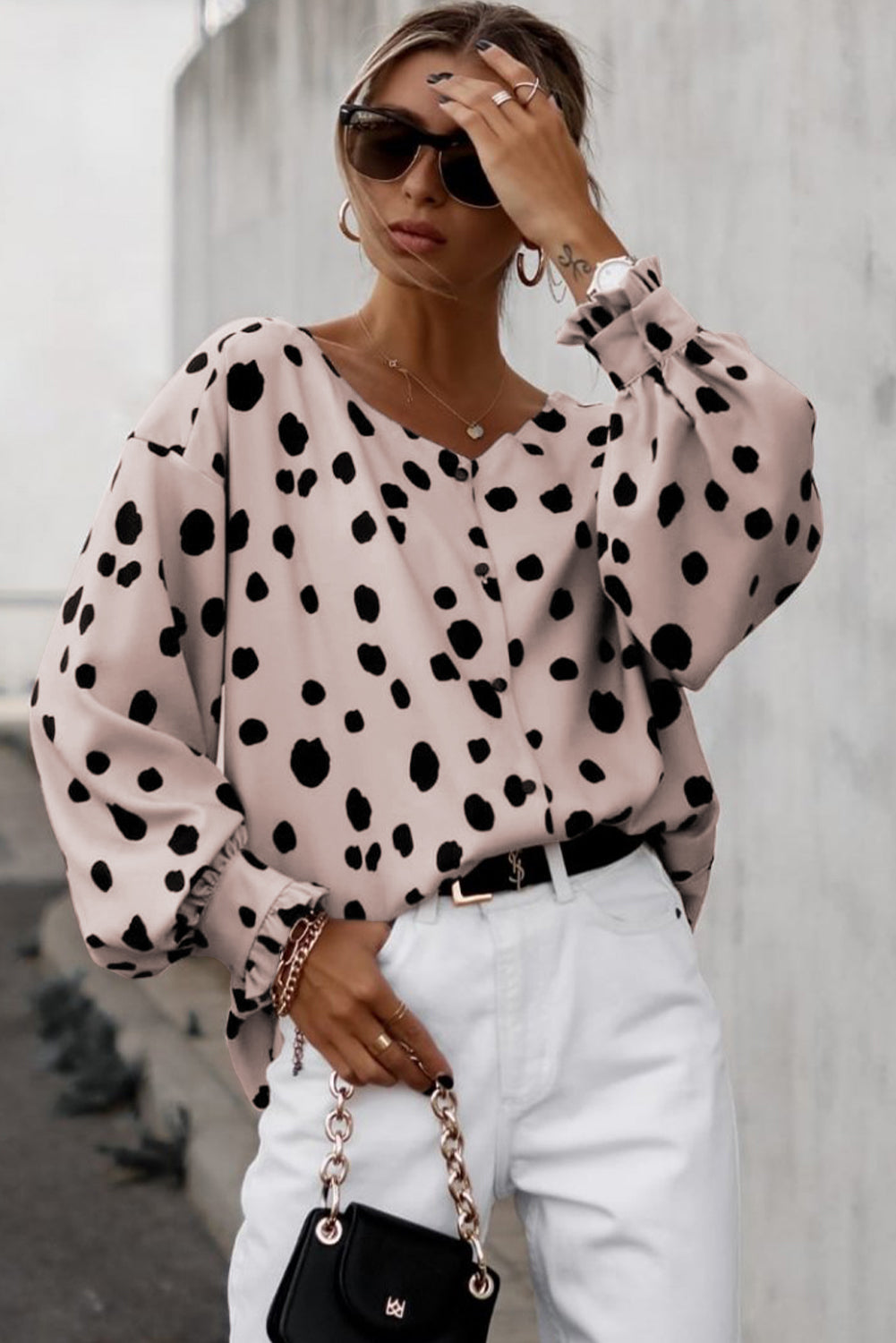 Pink Button Frill Cuffs Oversize Puff Sleeve Blouse