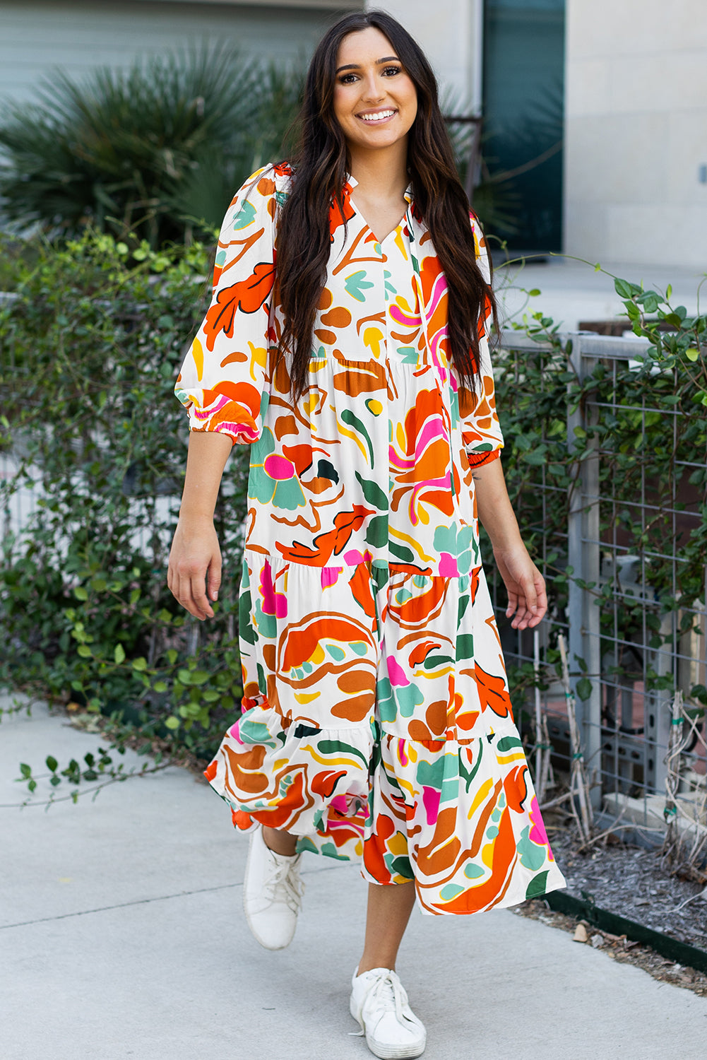 Orange Floral Print Split V Neck Tiered Maxi Dress