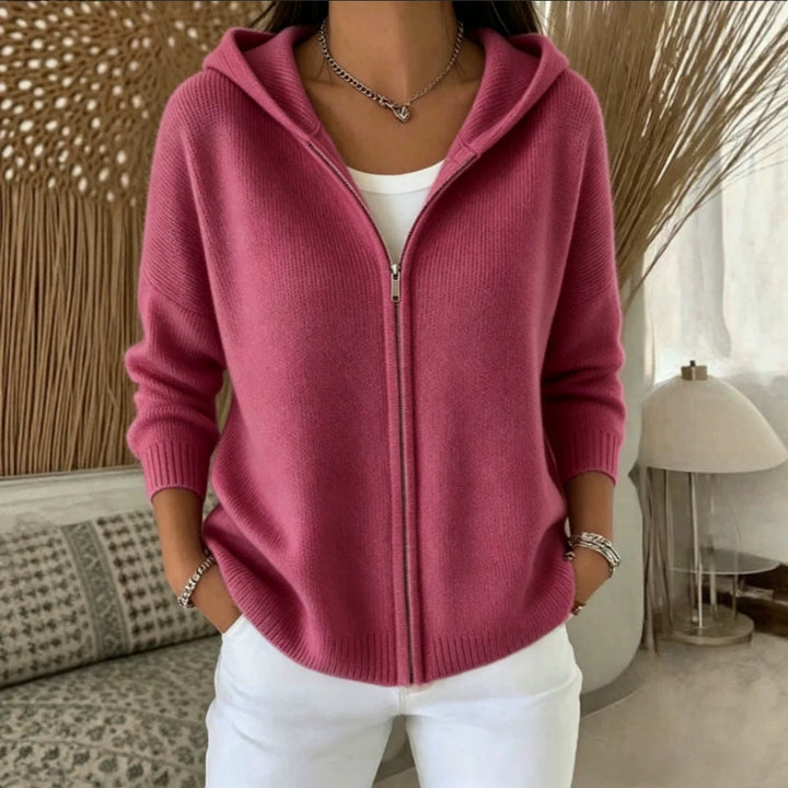 Zip-Up Knitted Hooded Cardigan Coat – Women’s Sweater