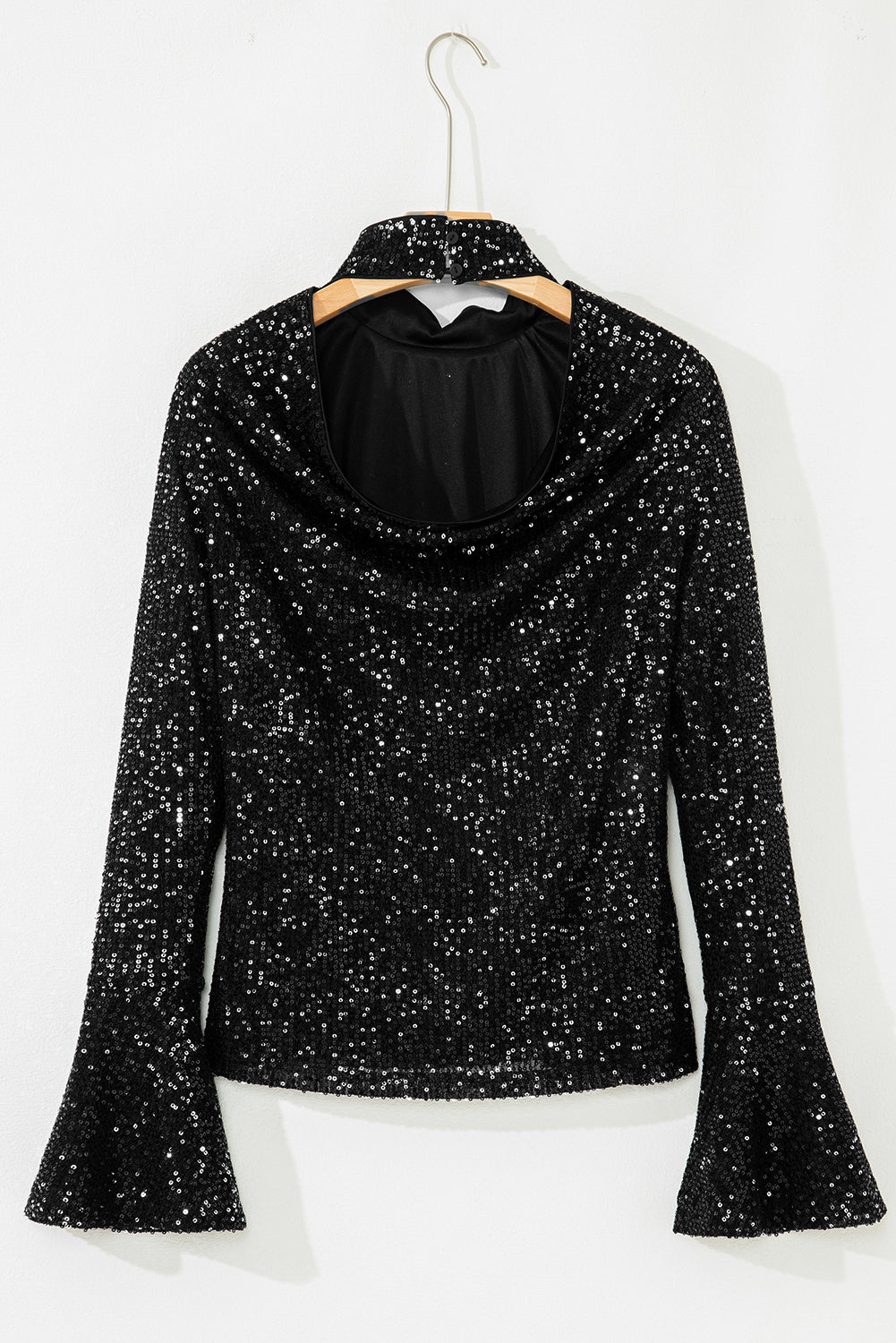 Black Sequin Mock Neck Drape Open Back Bell Sleeve Top