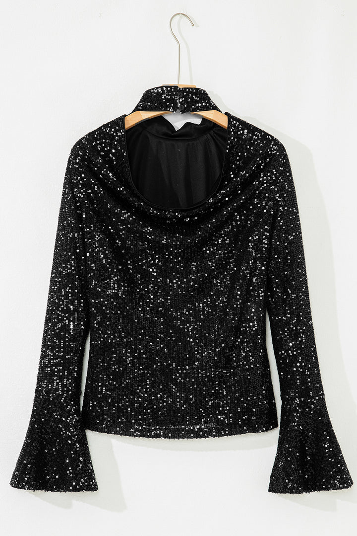 Black Sequin Mock Neck Drape Open Back Bell Sleeve Top