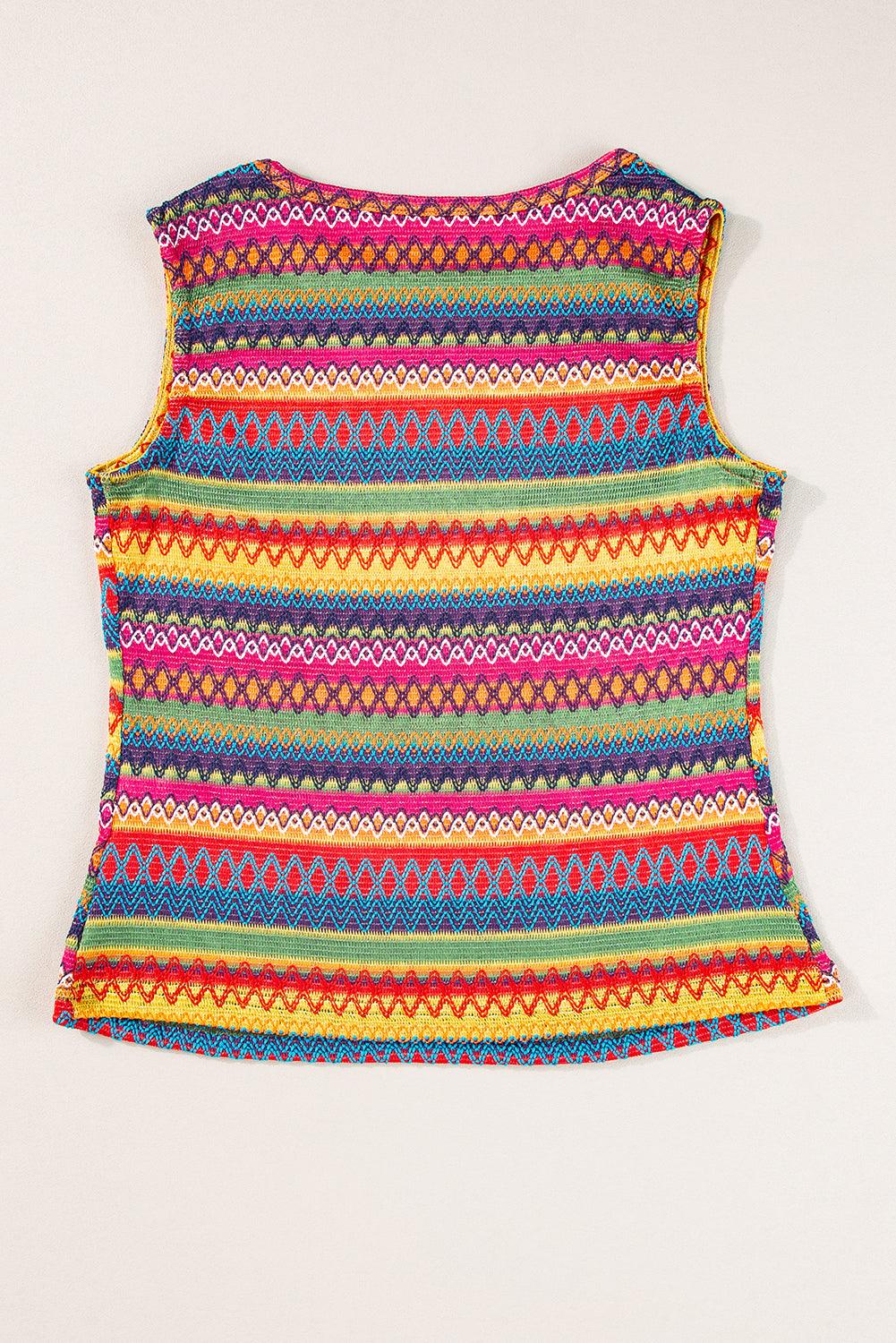 Back flat lay of yellow ethnic wavy pattern sleeveless top