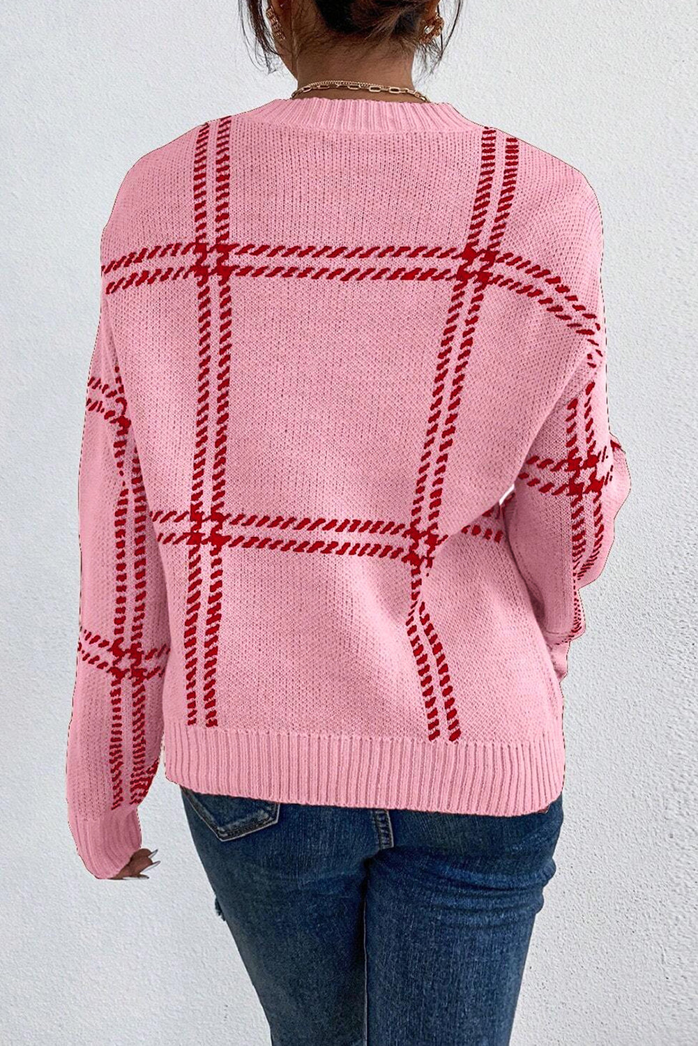 Pink Plaid Pattern Knitted Drop Shoulder Sweater