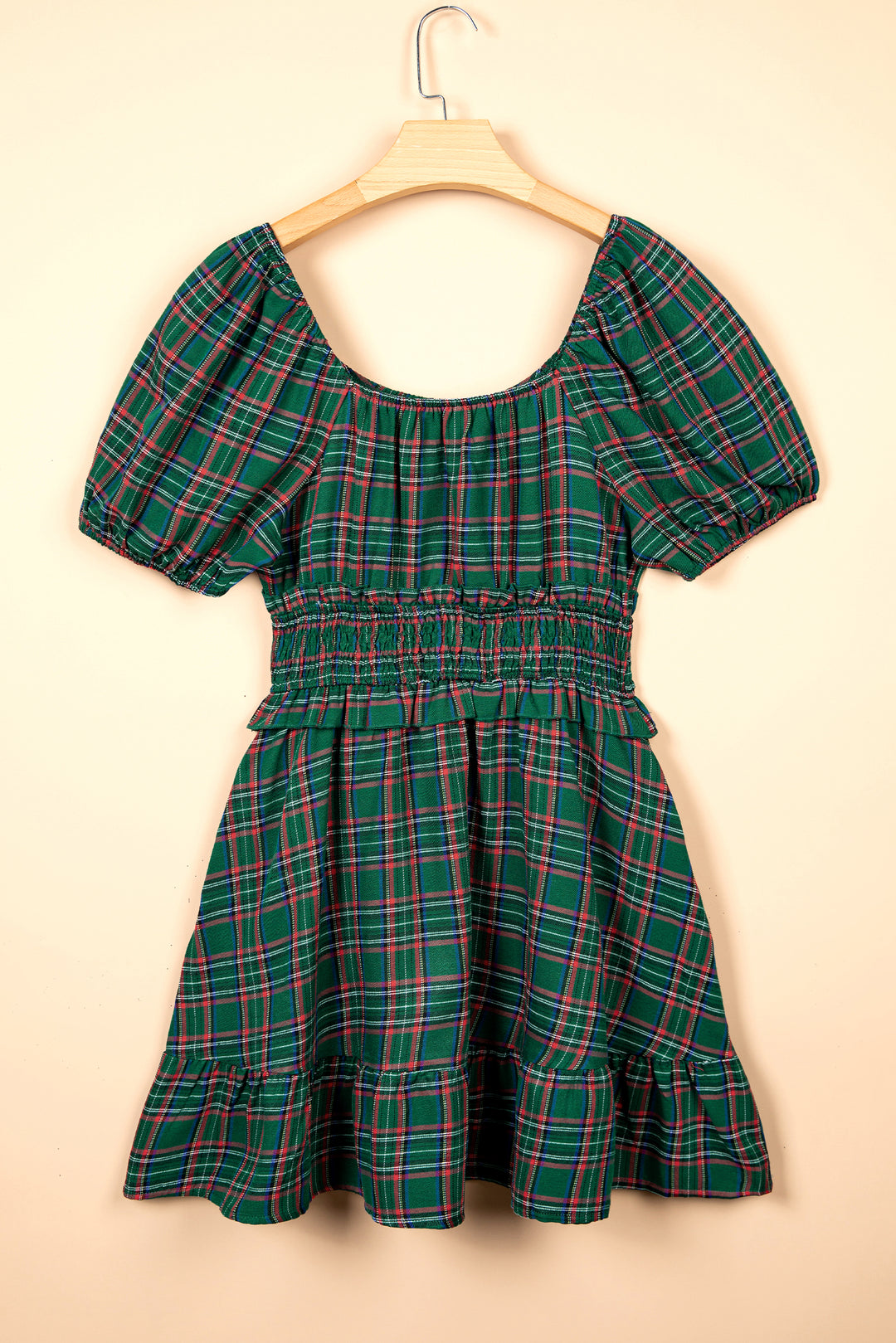 Green Plaid Shirred U Neck Short Sleeve Mini Dress