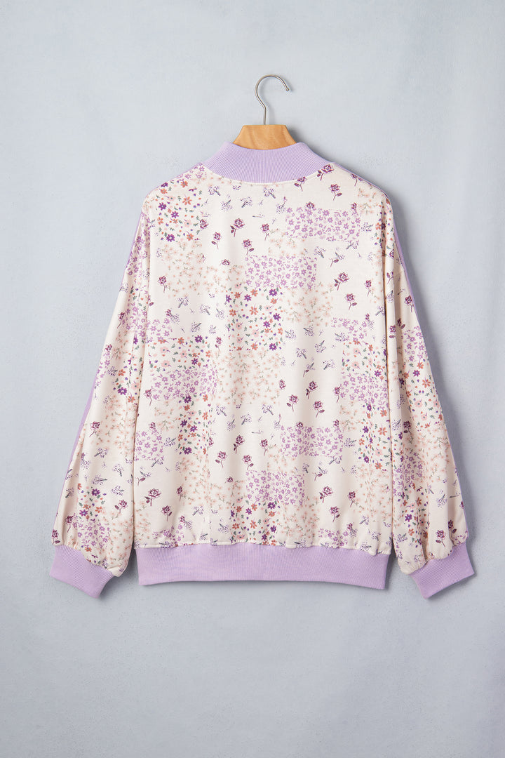 Purple Floral Print High Neck Colorblock Sleeve Paneling Sweatshirt