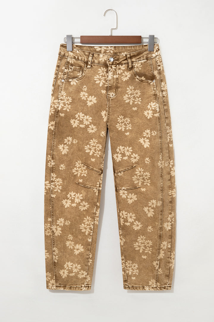 Khaki Floral Print Metal Button Pleated Straight Leg Jeans