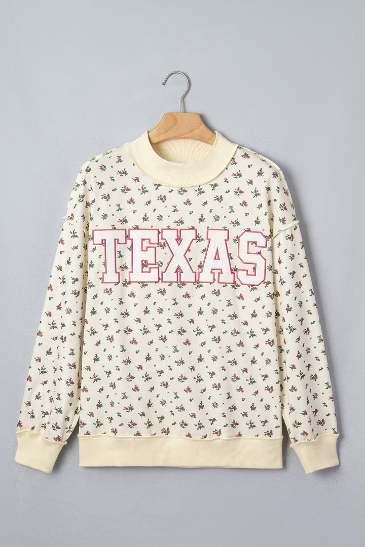Beige Floral Print Stand Neck Long Sleeve Slogan Sweatshirt