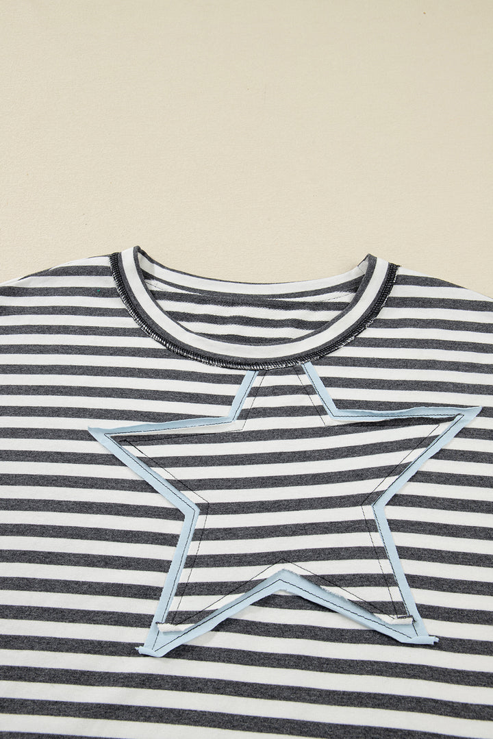 Gray Stripe Contrast Star Stitched Plus Size Long Sleeve Top