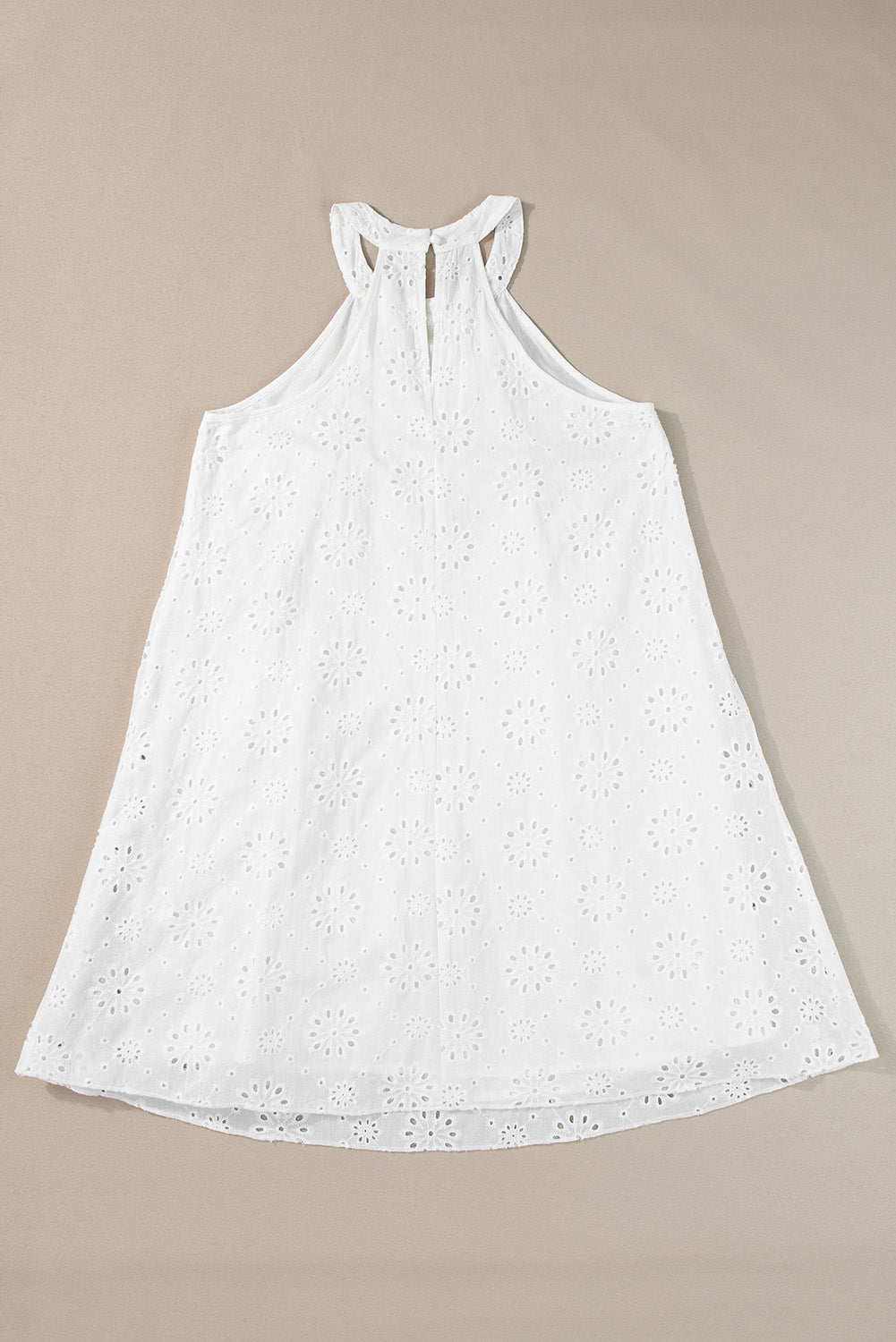 White Boho Eyelet Pattern Halter Neck Sleeveless Dress