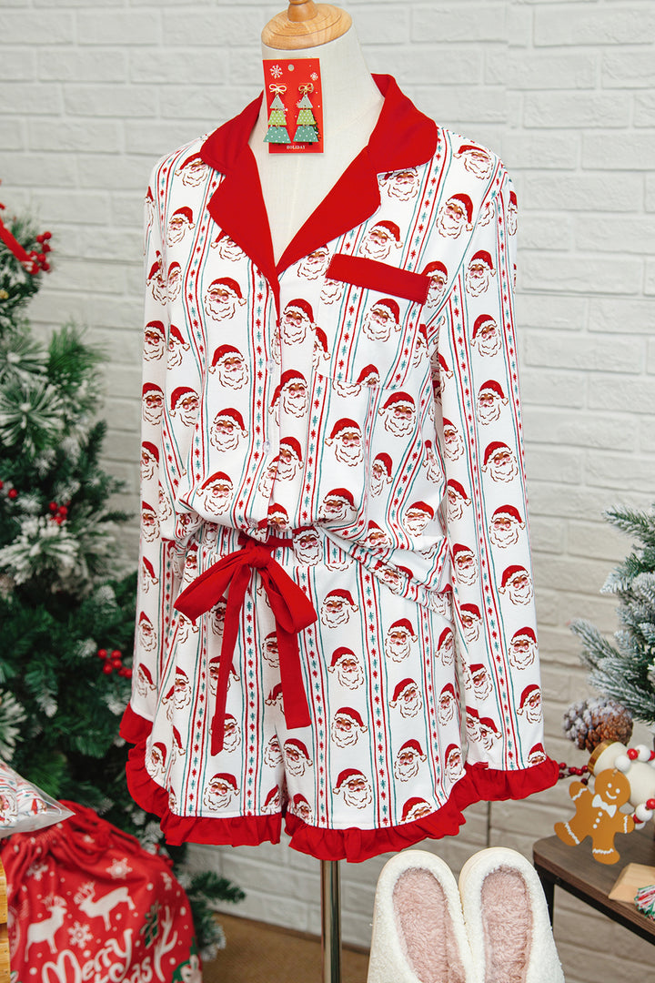 White Santa & Stripes Ruffle PJ Set