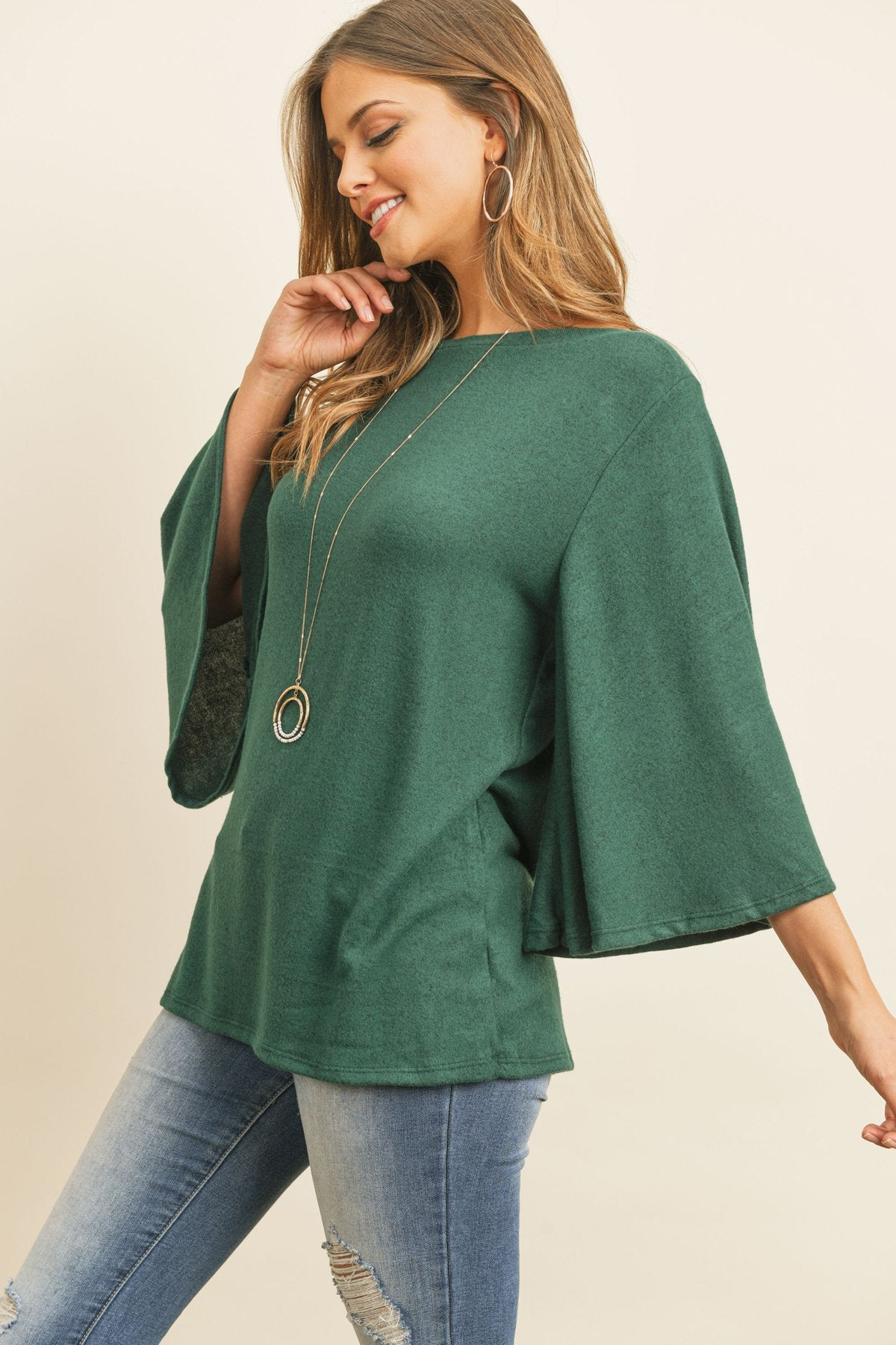 Boat Neck Bell Sleeve Solid Hacci Brushed Top