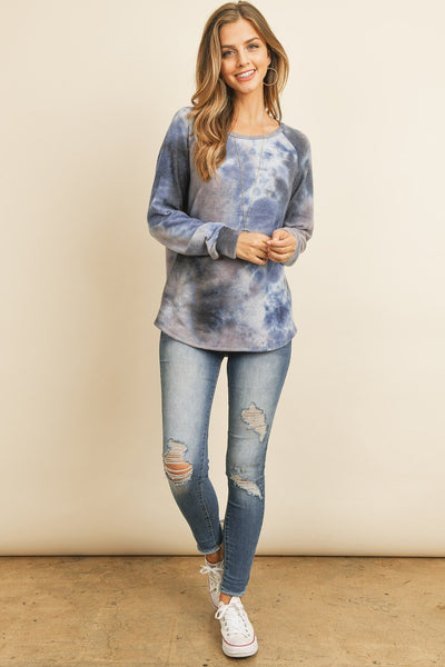 Long Sleeve Boat Neck Tie Dye Round Hem Top