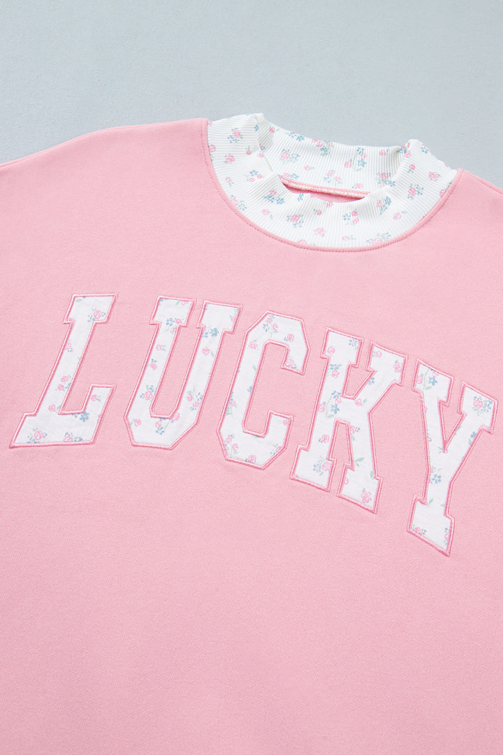 Pink High Neck Floral Patch Embroidery Long Sleeve Sweatshirt