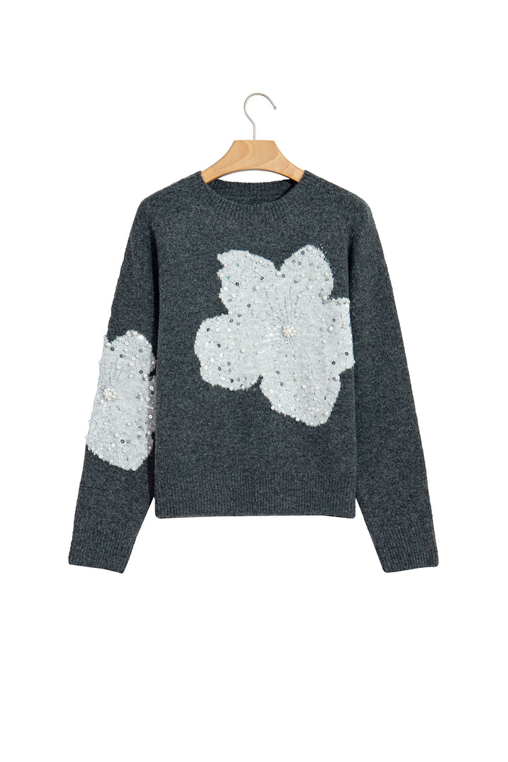 Dark Grey Beaded Floral Accent Casual Round Neck Sweater
