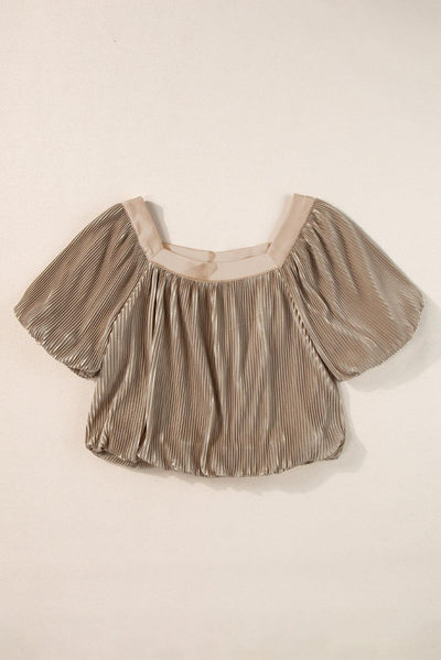 Simply Taupe Pleated Puff Sleeve Square Neck Blouse