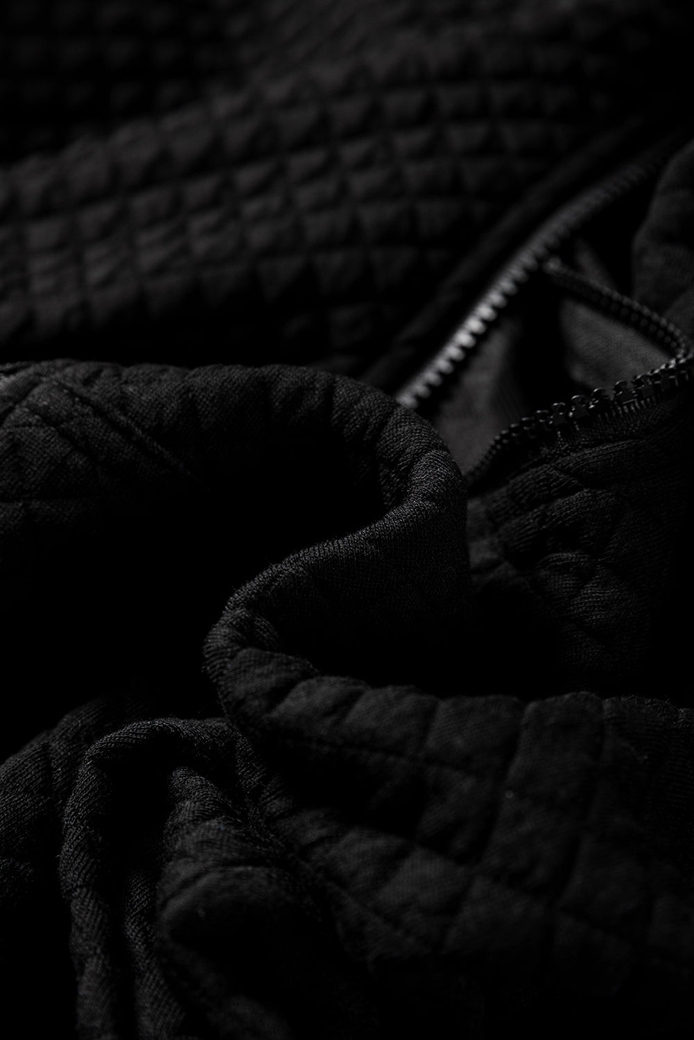 Black Quilted Side Pockets Zipper Hooded Jacket