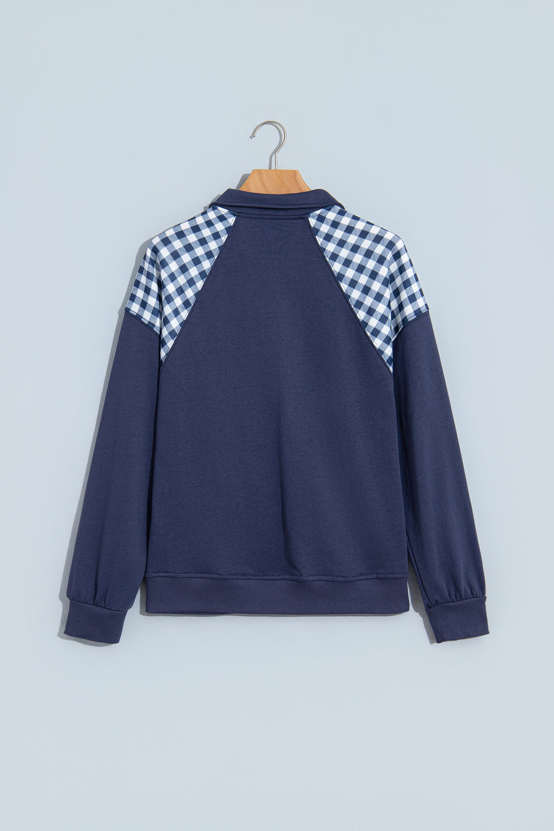 Navy Blue Patchwork Plaid Pocket Quarter Zip Sweatshirt