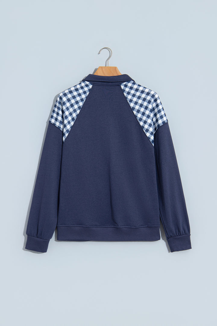 Navy Blue Patchwork Plaid Pocket Quarter Zip Sweatshirt