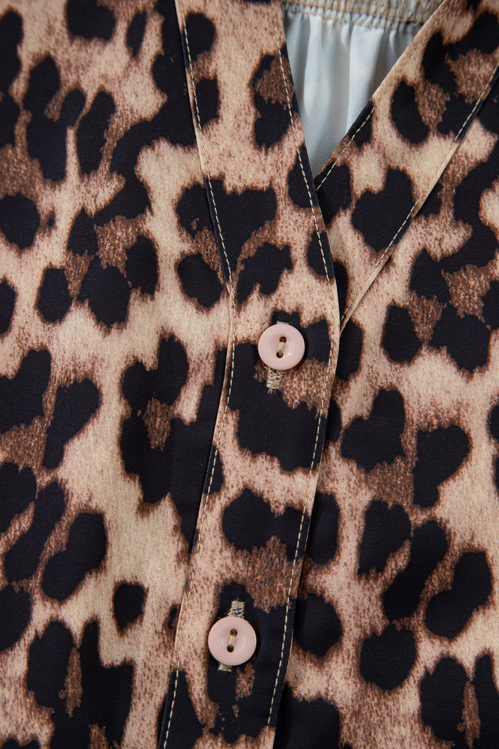 Brown Leopard Print Button Down Lace Trim Short Sleeve Shirt