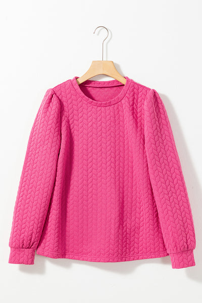 Rose Red Cable Textured Puff Sleeve Sweatshirt