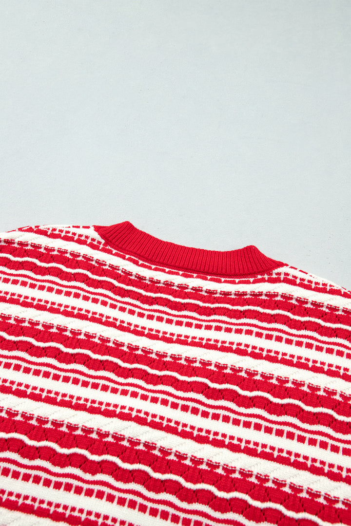 Red Geometric Striped Pattern V Neck Button Front Casual Knit Cardigan