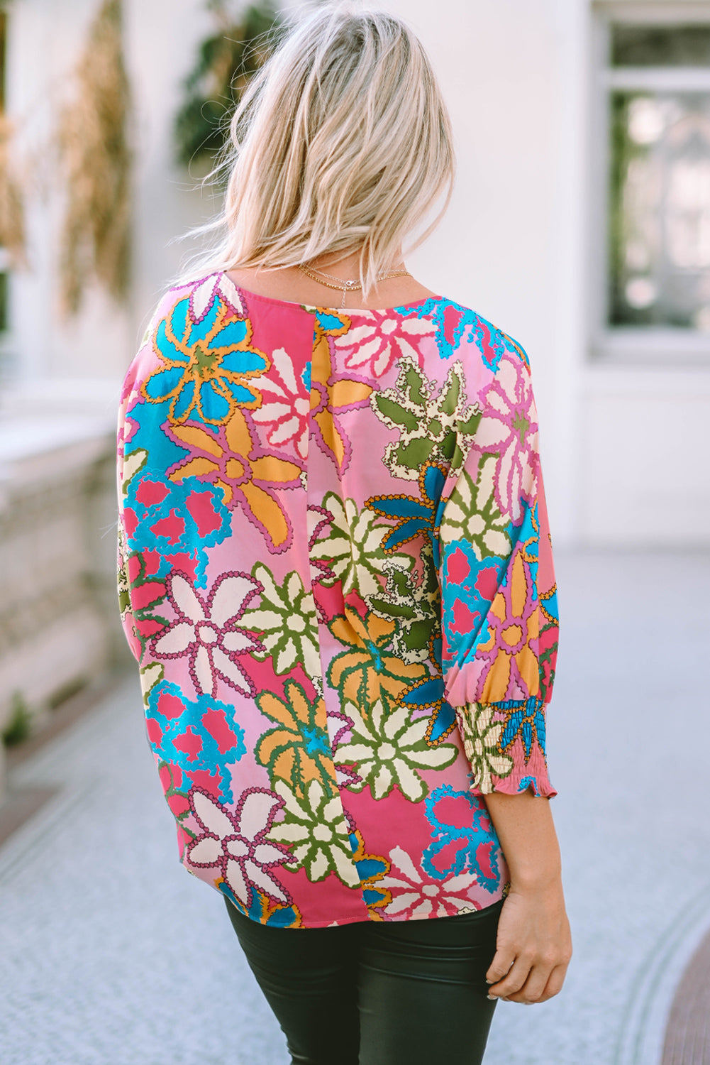 Pink Floral Print Bracelet Sleeve Blouse