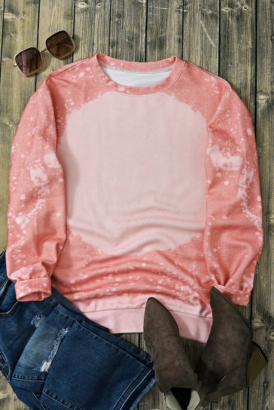 Pink Bleached Round Neck Pullover Sweatshirt