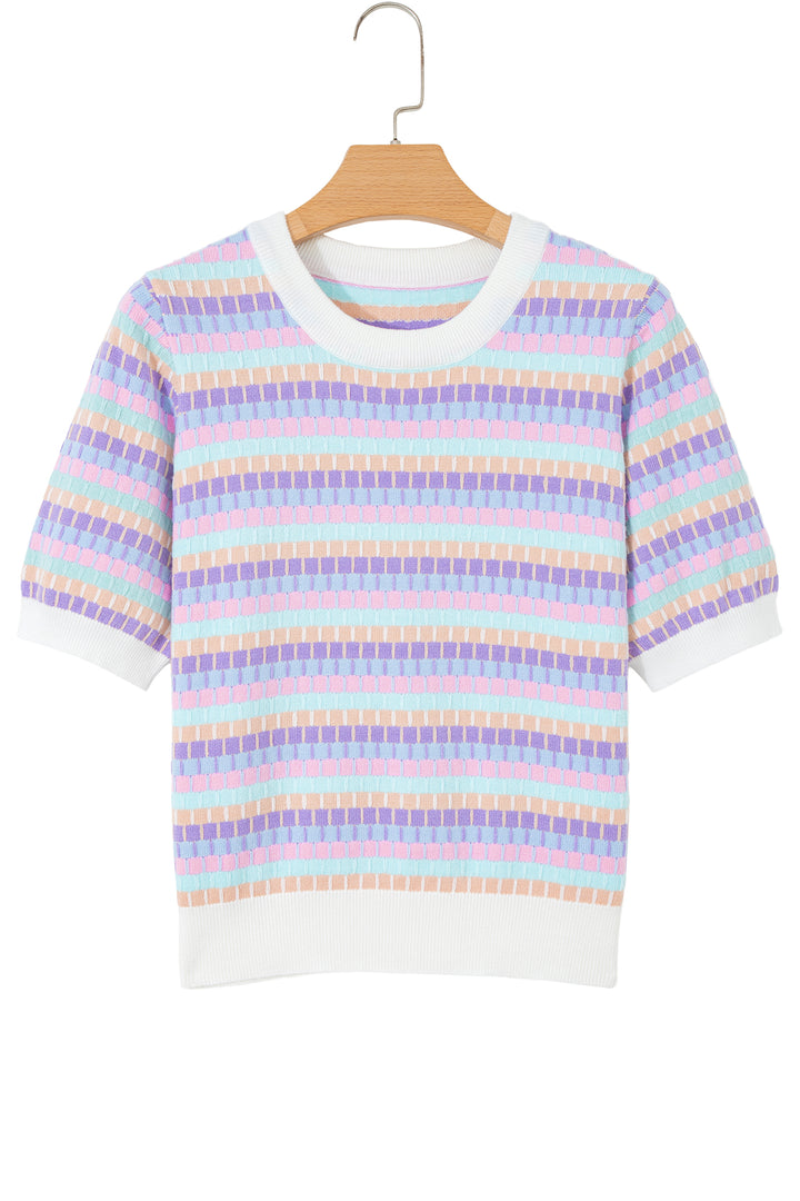Orange Abstract Striped Knit Short Sleeve Sweater