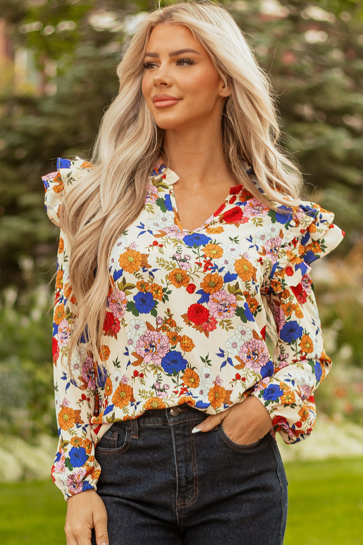 Apricot Ruffled Shoulder Long Sleeve Floral Blouse