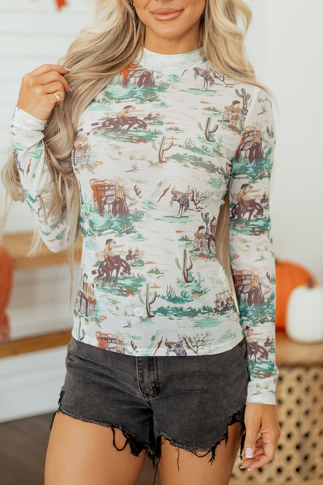 Green Western Print Long Sleeve Round Neck Slim Top