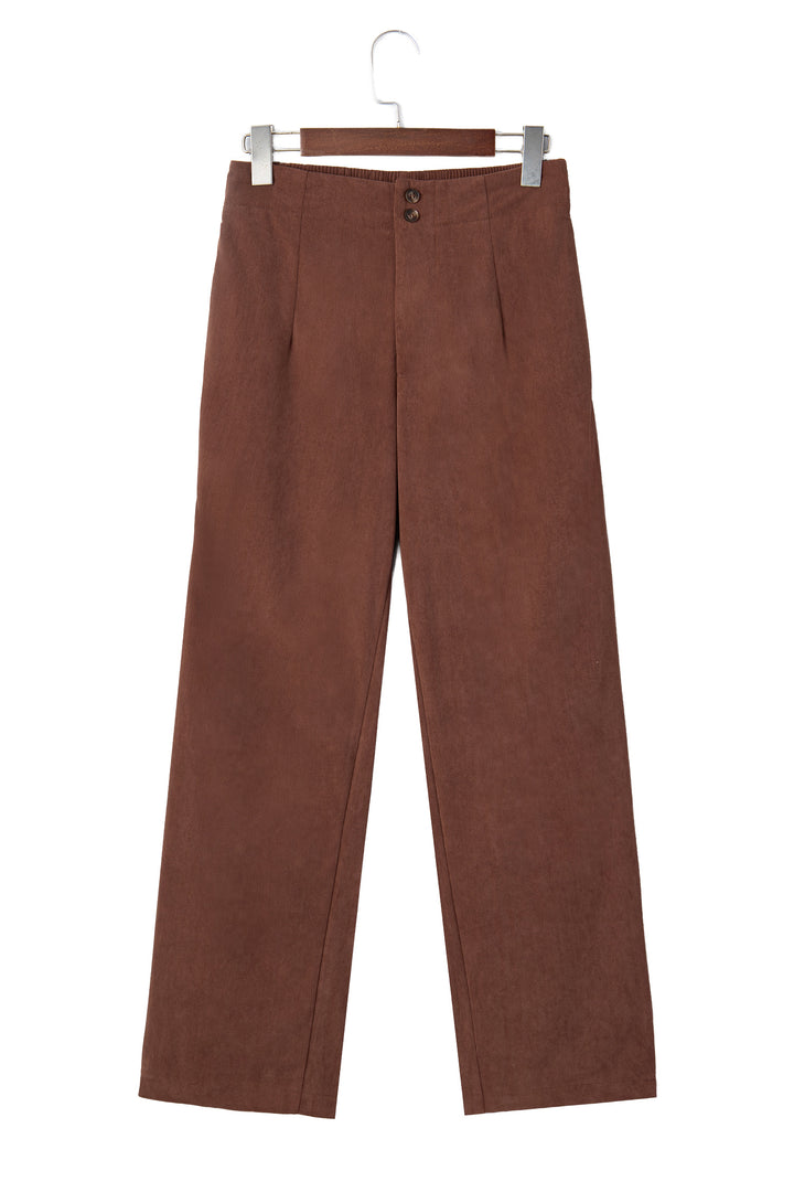 Coffee Elastic Waist Straight Leg Ankle Length Corduroy Pants