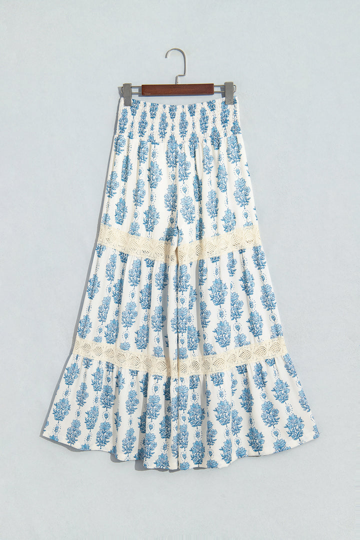 Sky Blue Floral Print Lace Patchwork Detail Wide Leg Pants