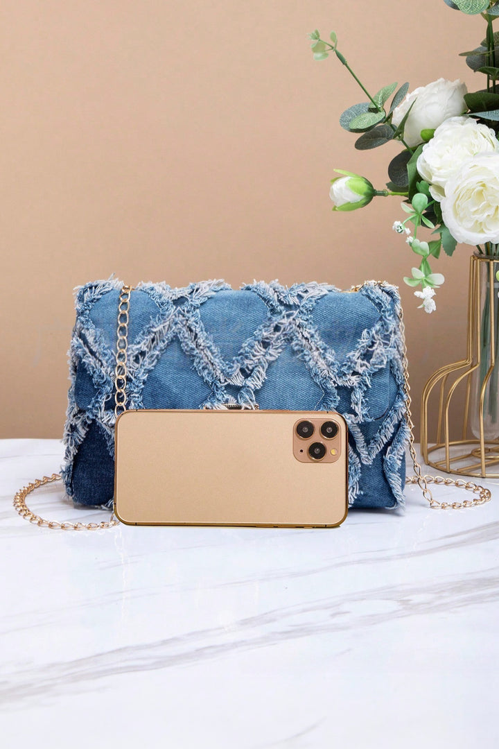 Blue Distressed Lattice Denim Chain Strap Shoulder Bag