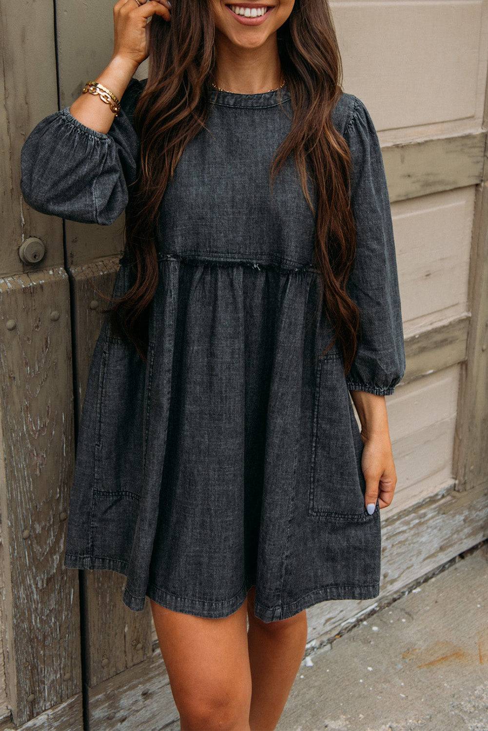 Black Balloon Sleeve High Waist Denim Dress