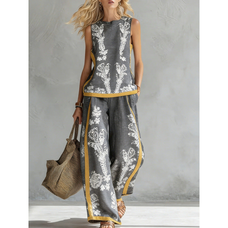 Printed Retro Sleeveless Top &amp; Wide-Leg Pants Set | 12 Prints S–5XL