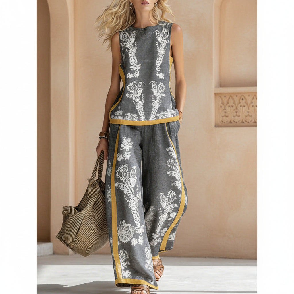 Printed Retro Sleeveless Top &amp; Wide-Leg Pants Set | 12 Prints S–5XL