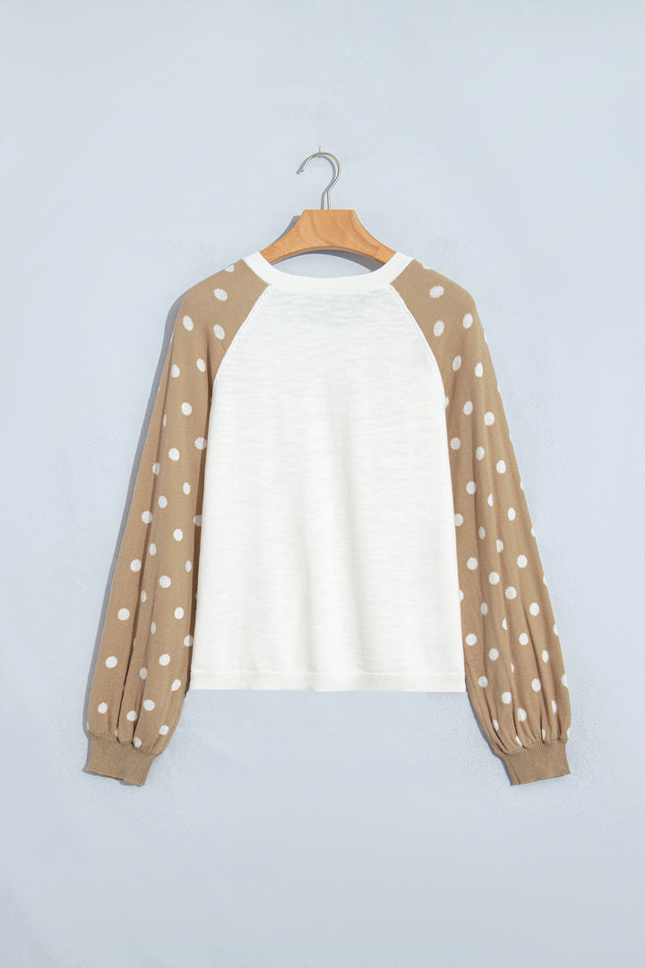 Khaki Polka Dot Contrast Long Sleeve Button V Neck Sweater